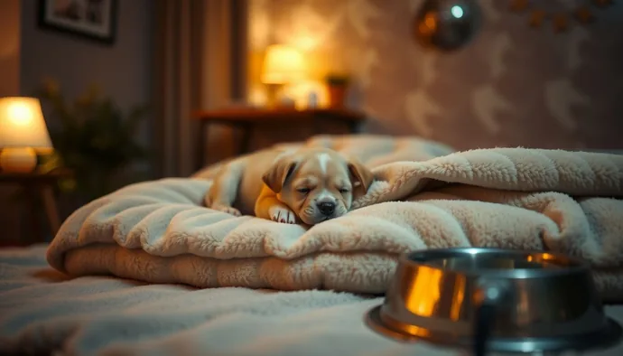 Yavru köpek için hazırlanmış gece düzeni: loş ışık, yumuşak yatak ve erişilebilir su kabı