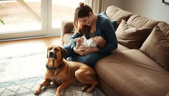 Anne kucağında bebek tutarken, köpek arka planda oturarak sakin biçimde aileyi gözlemliyor