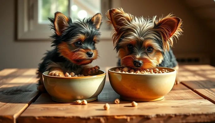 Yorkshire Terrier yavru ve yetişkin mama kapları, mama seçiminde dikkat edilmesi gereken kuru mama granül boyutu karşılaştırması