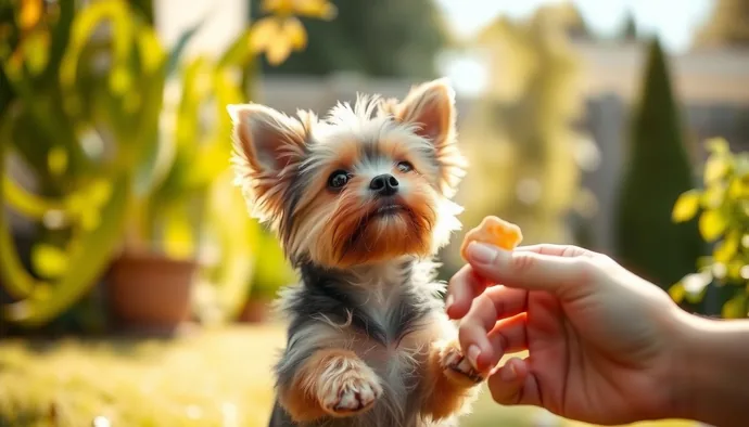 Yorkshire Terrier yavrusu dışarıda tuvalet eğitimi yaparken, sahibi ödül maması tutuyor