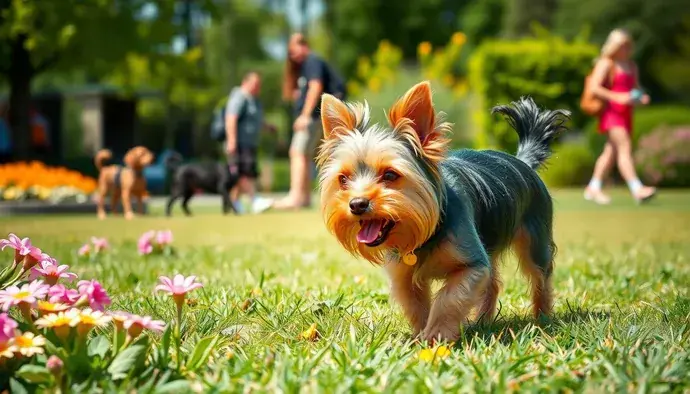Yorkshire Terrier'in sosyal ve enerjik doğasını yansıtan bir görüntü