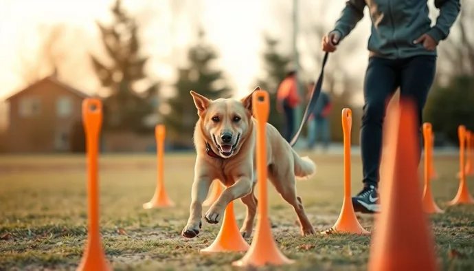 Köpek sahibinin yönlendirmesiyle slalom engelinde ısınma hareketi yapması