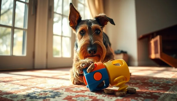 Airedale Terrier zihinsel uyarım gerektiren interaktif oyuncakla meşgul