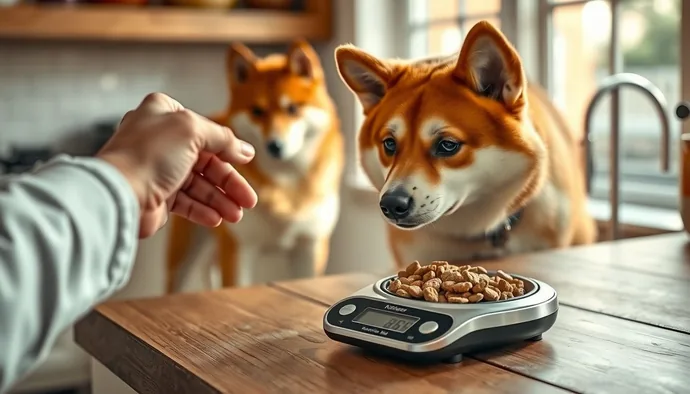 Akita Inu köpeğe mama kabına kuru mama ölçen el