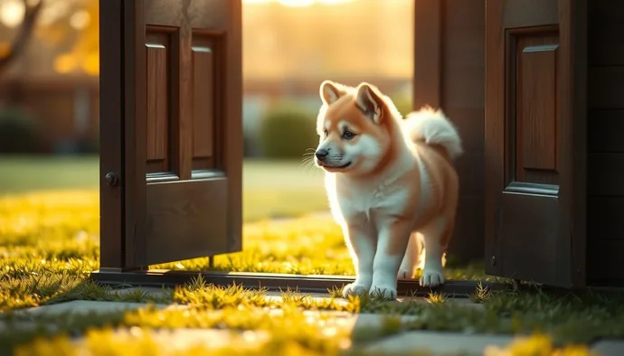 Akita Inu yavrusu tuvalet eğitimi için sabah rutininde, dışarı çıkış anında