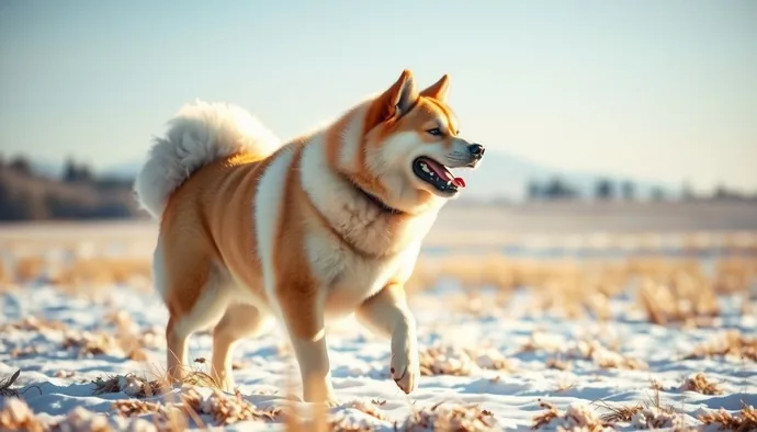 Akita Inu'nun kış koşullarında açık alanda egzersiz yapması, soğuk iklim mirasını yansıtan doğal bir aktivitedir