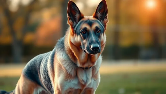 Alman Çoban köpeği aktif duruş sergilerken, güçlü yapısı ve dik duran kulakları ile çalışma köpeği karakterini gözler önüne seriyor
