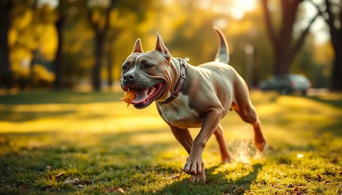 American Bully cinsi köpek parkta koşu sırasında, tasma ve hareketli oyuncak taşıyor