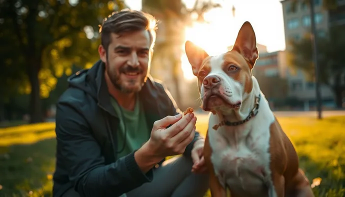 American Staffordshire Terrier sahibi ile kontrollü sosyalizasyon sırasında pozitif etkileşim gösteren bir görsel