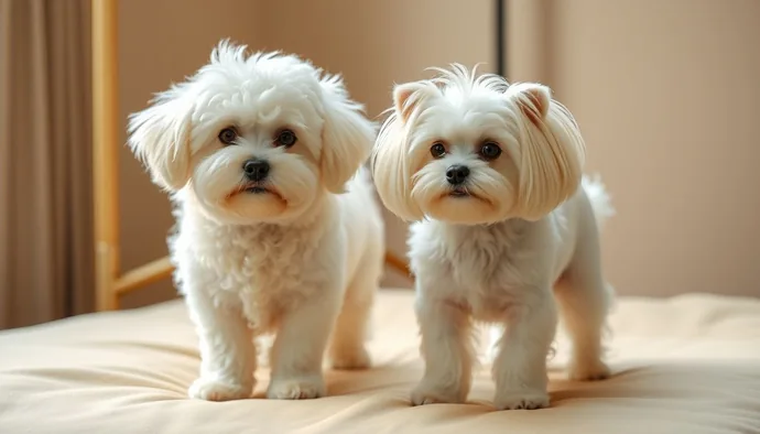 Bichon Frise ve Maltese ırklarının yan yana durduğu fotoğrafta tüy dokusu ve boyut farkı net görülüyor