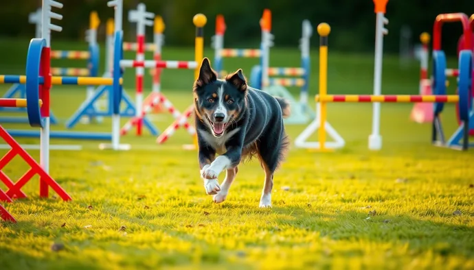 Genç Border Collie'nin çeviklik parkurunda koşarken görüntüsü, parkurda engeller ve yönlendirme işaretleri bulunuyor