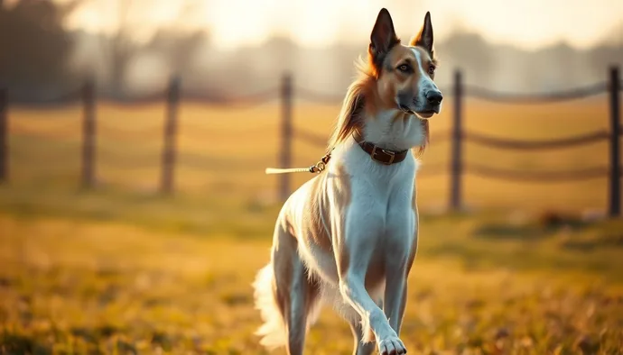 Borzoi tasmalı kontrollü koşu egzersizi yaparken, arka planda çevrili açık alan görünüyor