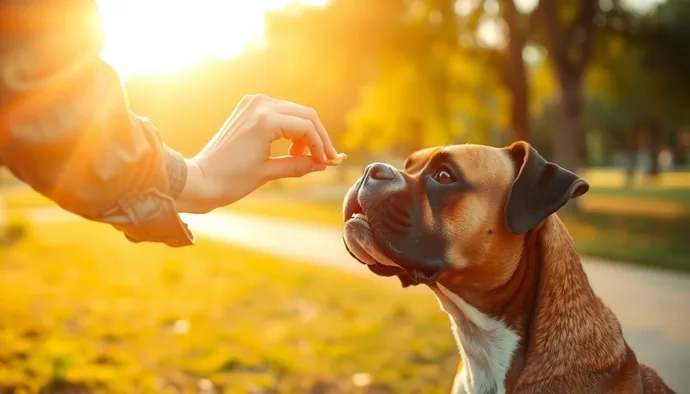 Boxer cinsi köpeğe oturma komutu eğitimi veren sahibi