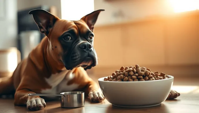 Ölçülmüş mama porsiyonları ile düzenli beslenen yetişkin bir Boxer