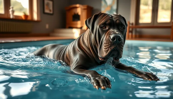 Cane Corso'nun yüzme havuzunda eklem dostu egzersiz yapması