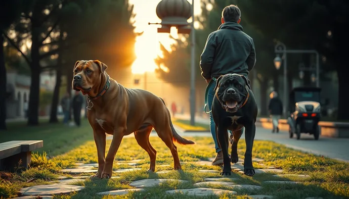Rottweiler ve Cane Corso'nun serin sabah saatlerinde yürüyüş yaparken görüntüsü, arka planda Türkiye'deki bir park ortamı