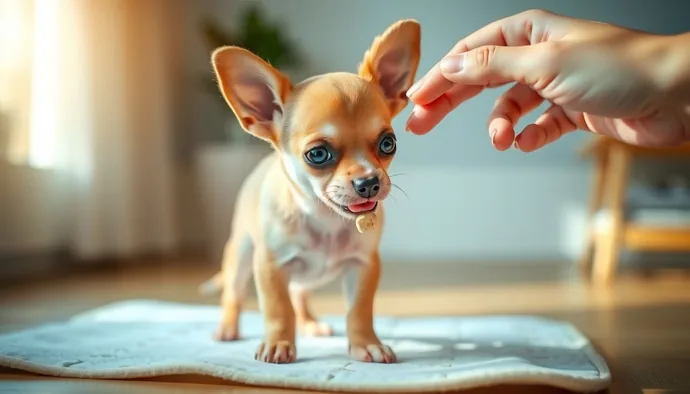 Yavru chihuahua eğitim padinde ödüllendiriliyor