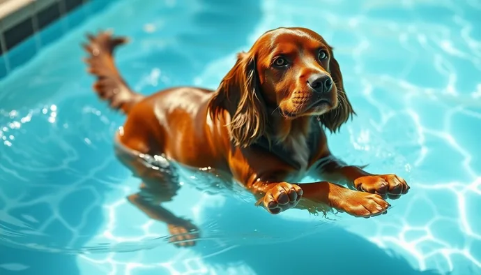 Cocker Spaniel yüzme havuzunda aktif olarak yüzerken, kas gelişimi ve eklem sağlığı için ideal egzersiz yapıyor