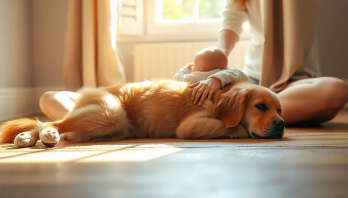 Anne ve çocuğun köpekle güvenli şekilde etkileşim kurduğu sahne, köpek sakin ve uzanmış pozisyonda