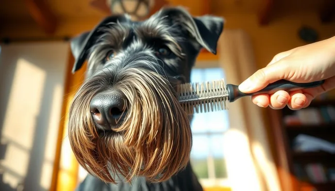 Dev Schnauzer tüy bakımı için tel fırça ile fırçalama sahnesi