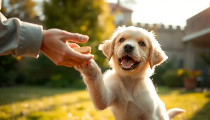 Golden Retriever yavrusu eğitim sırasında ödül mama alırken