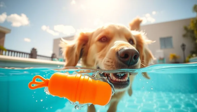 Golden Retriever yüzme havuzunda getir oyunu oynarken, yaz aylarında güvenli su aktivitesi