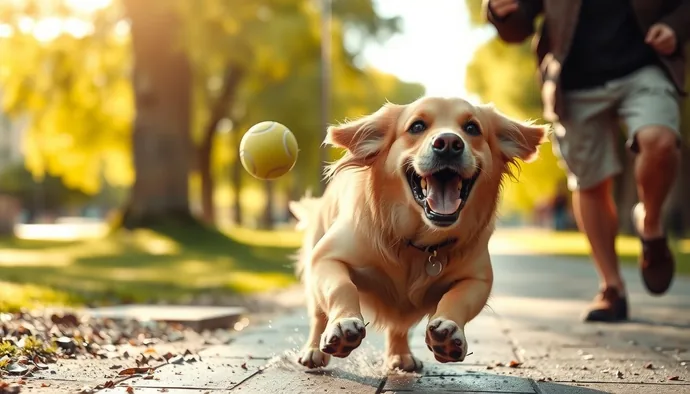 Golden Retriever sahibiyle parkta top getirme oyunu oynarken, ıslak tüyleri ve mutlu ifadesiyle