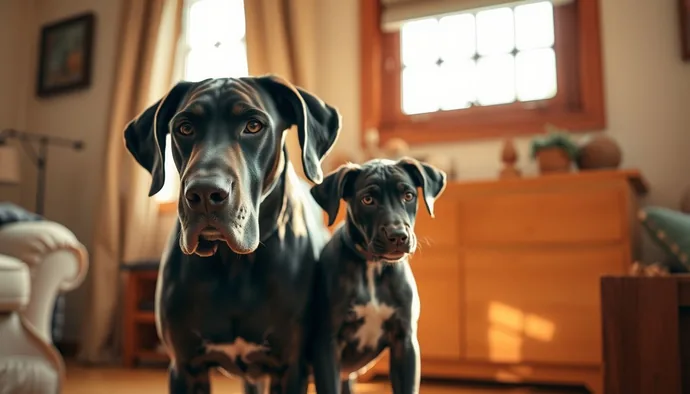 Büyüme evrelerindeki Great Dane yavrusu ve yetişkin boyut karşılaştırması