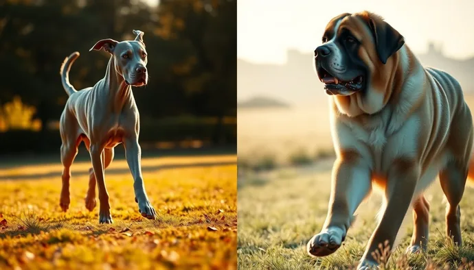 Great Dane ve Saint Bernard'ın farklı hava koşullarında egzersiz yapmasını gösteren karşılaştırmalı illüstrasyon