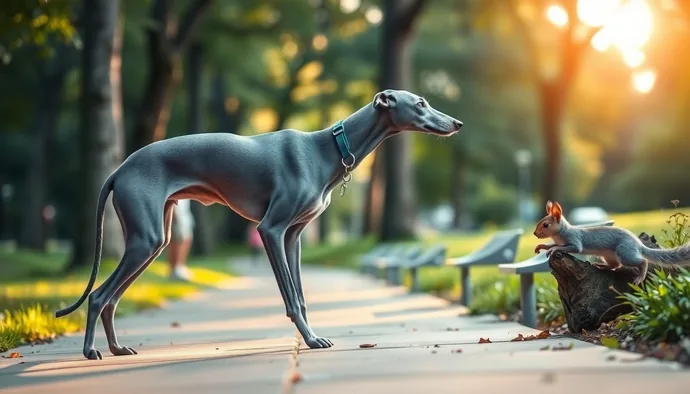 Greyhound'un şehir parkında tasmalı yürüyüş sırasında küçük hayvanları gözlemleme pozisyonu