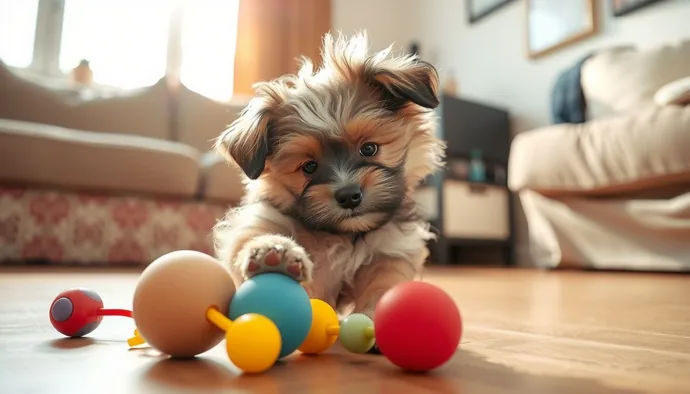 Havanese cinsi köpek apartman ortamında oyuncaklarıyla oynarken