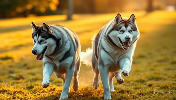 Husky ve Malamute köpeklerin parkta koşarken aktif egzersiz yapması