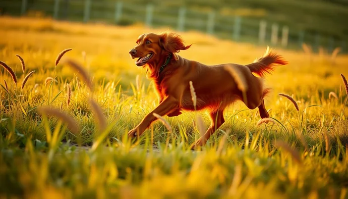 Kırmızı tüylü Irish Setter köpeğin açık alanda koşarak egzersiz yapması