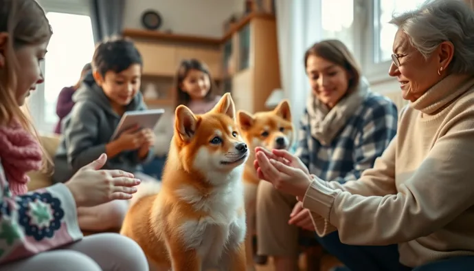 Shiba Inu yavrusu kontrollü sosyalizasyon ortamında farklı insanlarla temas halinde