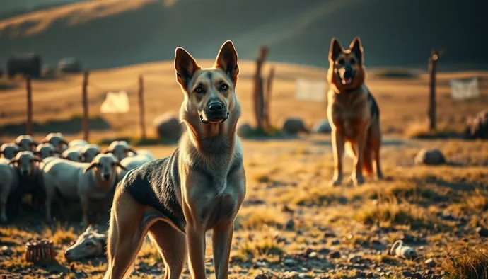 Kangal çoban köpeği açık arazide sürüyü korurken, arka planda Kavkas çoban köpeği arazi girişinde beklerken görülmektedir