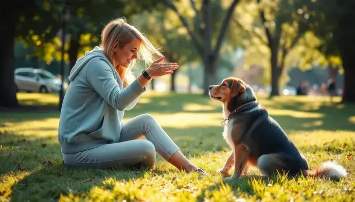 Köpeğinin yanında oturan ve ona komut veren bir kişi