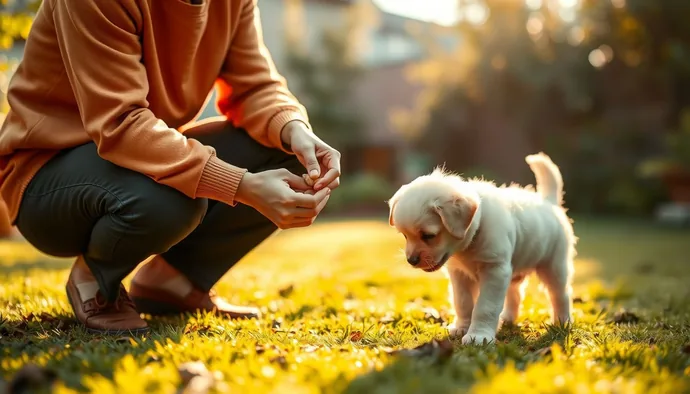 Yavru köpek ile dışarıda tuvalet eğitimi sırasında sahibin pozitif pekiştirme uygulaması