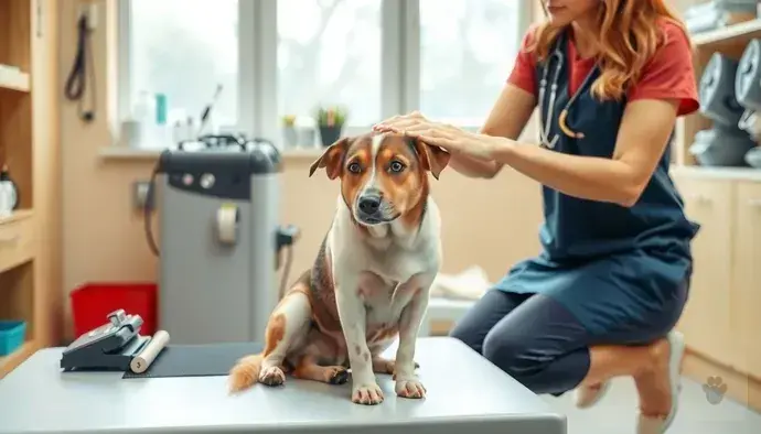 Yanlış tuvalet alışkanlıkları gösteren köpek, veteriner muayenesinde.