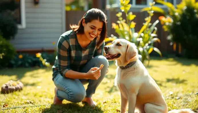 Köpek eğitimi sırasında otur komutunu uygulayan bir köpek ve sahibi