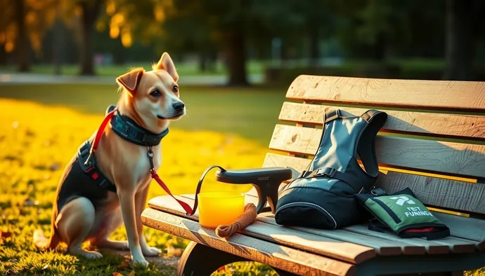 Koşu öncesi köpek ekipmanları: harness tasma, su kabı, reflektif yele ve ödül maması