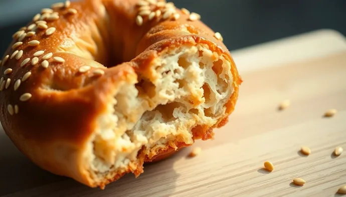Simit kesiti: görünür maya boşlukları, gluten ağı ve susam taneleri