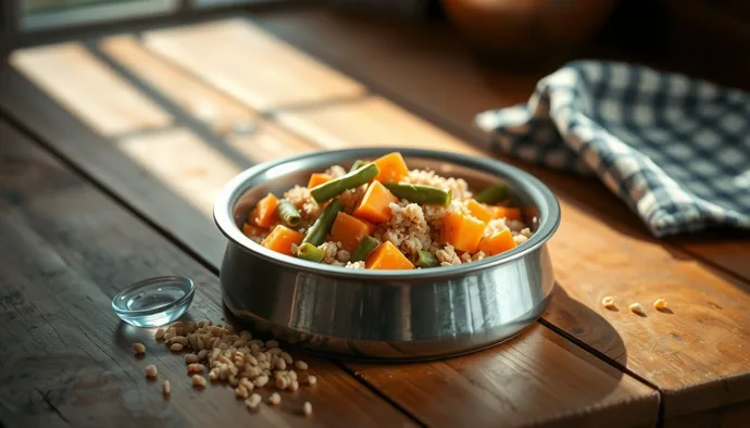 Bulgur taneleri, köpek maması kasesi ve sebzelerle birlikte sağlıklı köpek beslenmesi teması