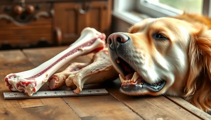 Farklı boyutlardaki çiğ kemik türleri: sığır femur parçası, koyun kaburgası ve tavuk kanadı, yanında ölçek gösterimi ile köpek ağız yapısı karşılaştırması