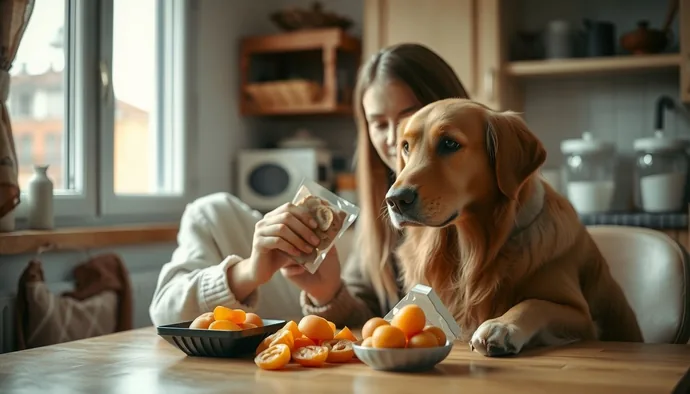 Köpeğe kurutulmuş meyve verilmeden önce etiket kontrolü yapan sahip