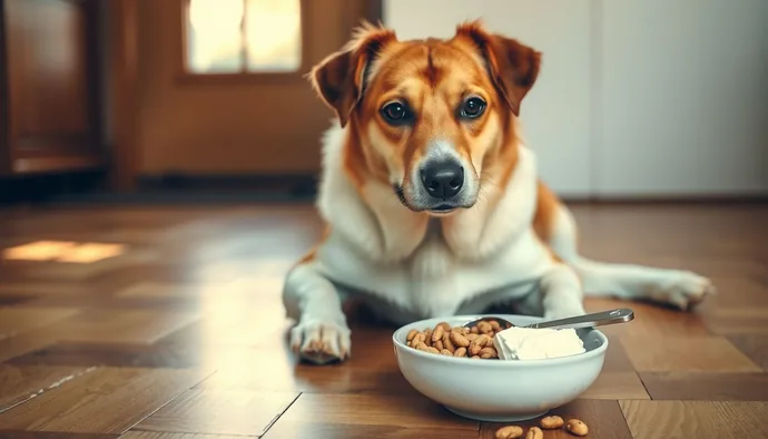 Köpeğe ölçülü porsiyonlarda lor peyniri verirken mama kabı içinde karıştırılmış şekilde servis
