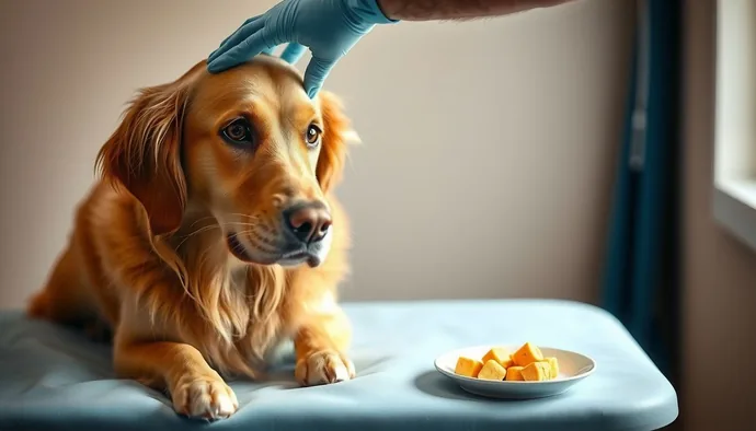 Köpek tabağında sucuk parçası ile veteriner muayenesinde köpek
