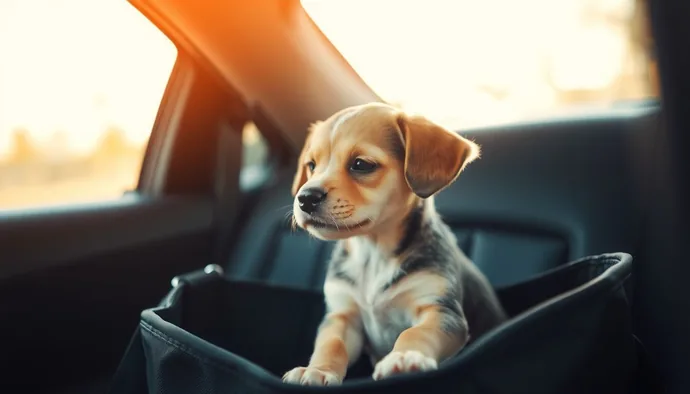 Yavru köpeğin araba koltuğunda sakin oturması ve dışarıyı izlemesi