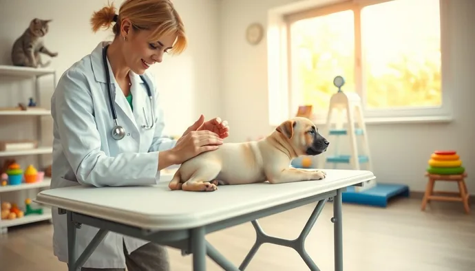 Veteriner hekim yavru köpeği muayene ederken, sosyalleşme dönemindeki köpeklerin farklı uyaranlara maruz kalması gerektiğini gösteren eğitim ortamı