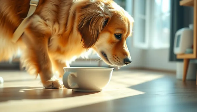 Köpeğin su kabından su içerken görünümü, mama kabının yanında