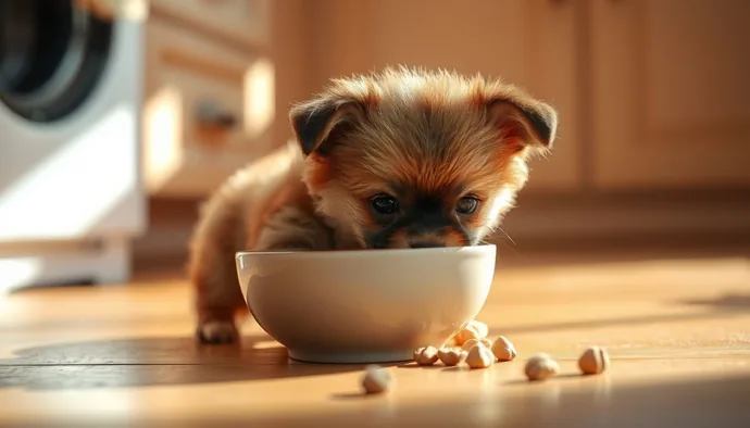 Yavru küçük ırk köpek yemeğini yerken — gelişim döneminde küçük porsiyonlar sindirim sistemi için uygundur
